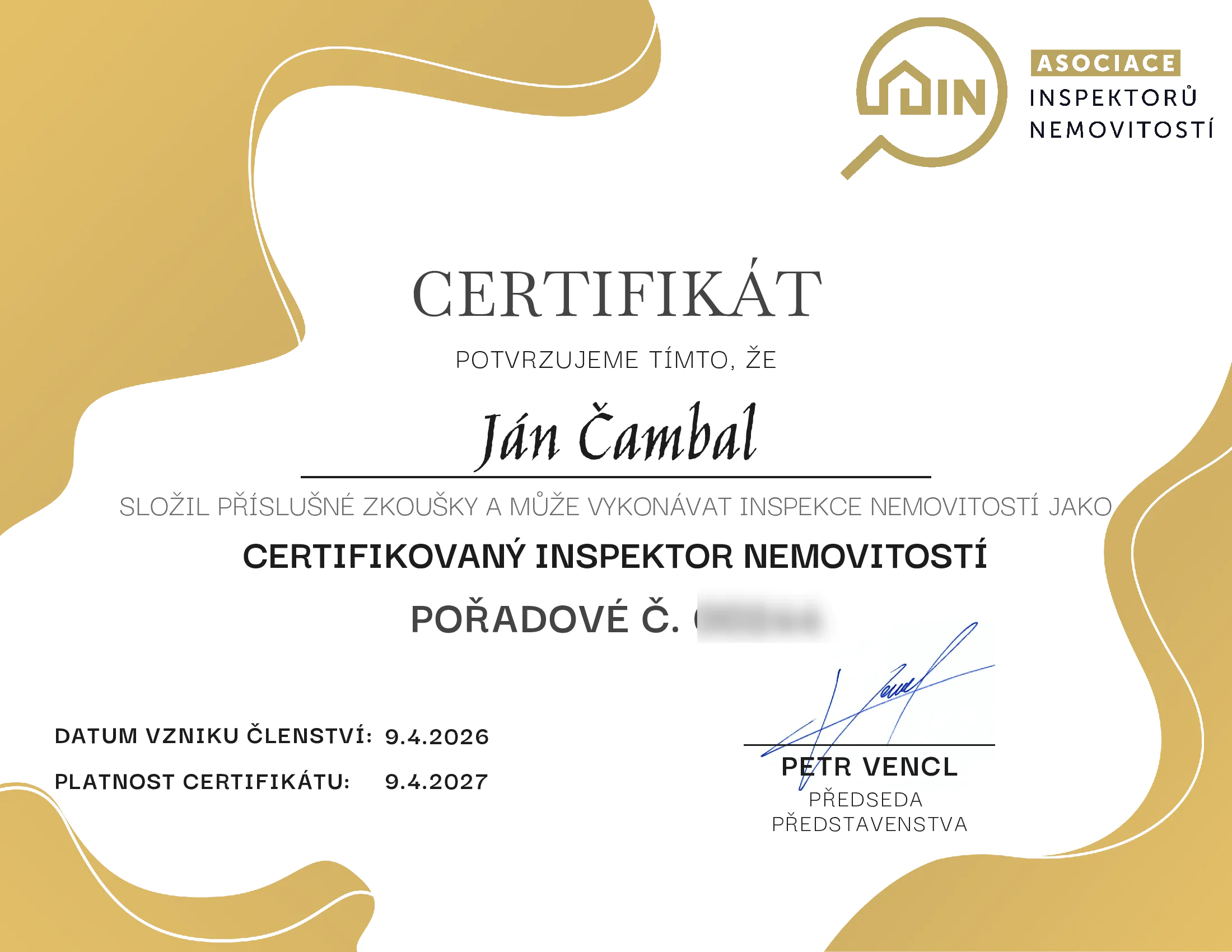 Ján Čambal certifikát